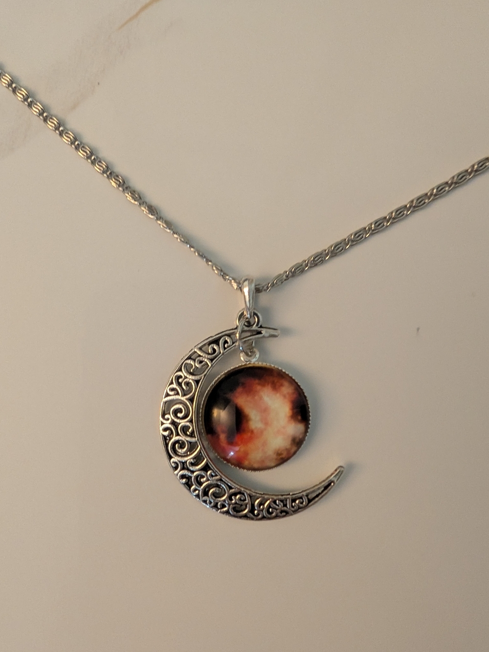 Silver Crescent Moon Galaxy Nebula Glass Cabochon Filigree Pendant Necklace Cele